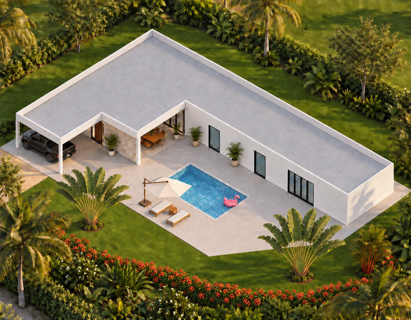 Vista aérea de la villa en L con piscina, solárium, jardín y cochera techada