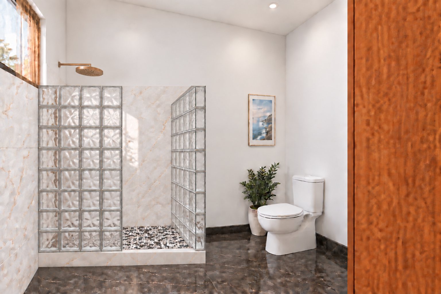 Baño de huéspedes: Ducha con bloques de vidrio y mosaico de piedra.