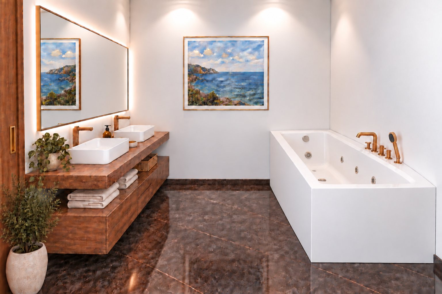 Baño principal: Doble lavabo sobre madera y tina de hidromasaje.