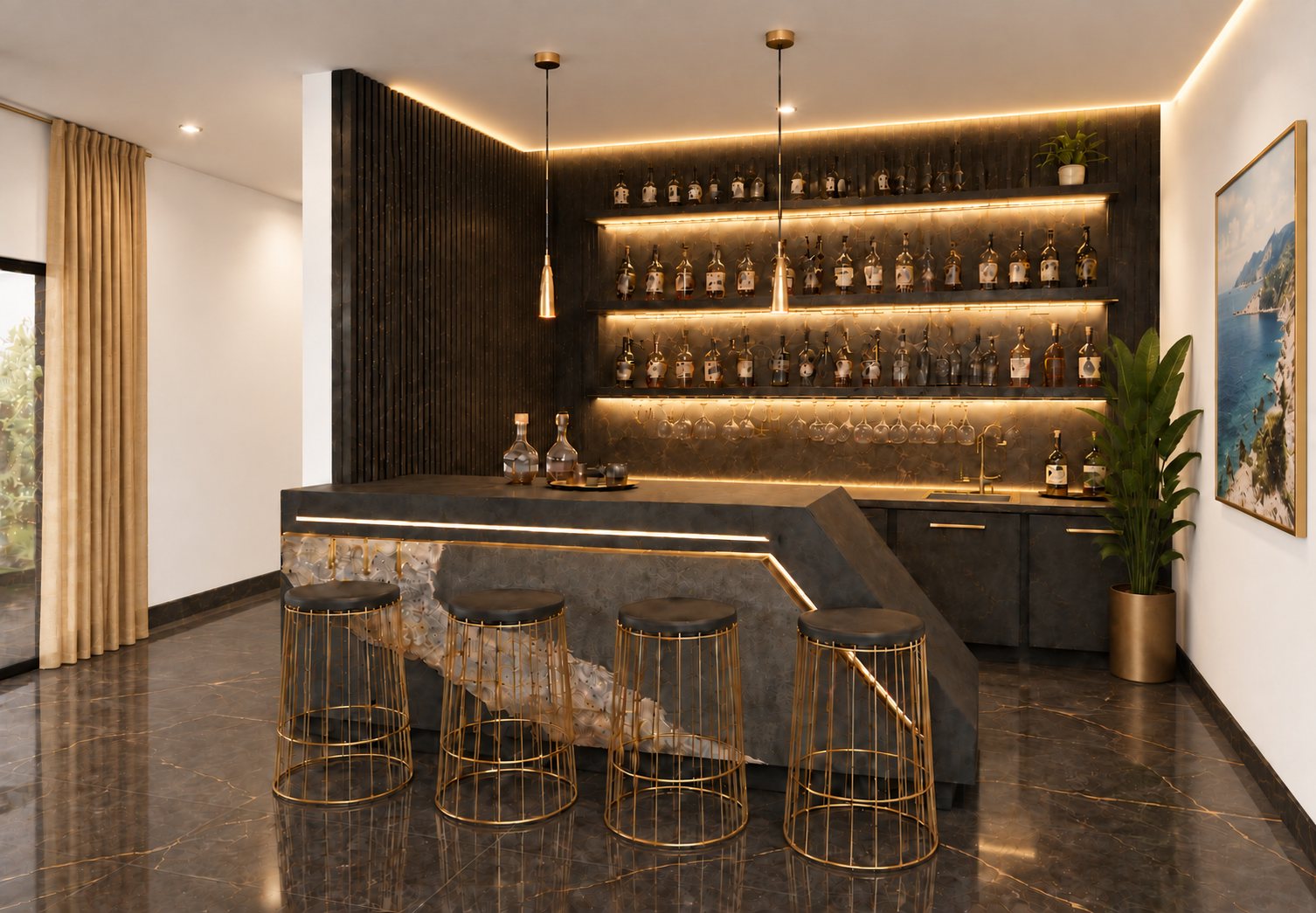 Bar: Barra de piedra y estantes retroiluminados. El lugar de la noche.