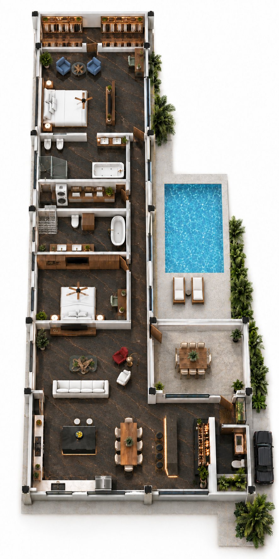 La casa completa desde arriba: zona de noche, zona de día, terraza, piscina y cochera.