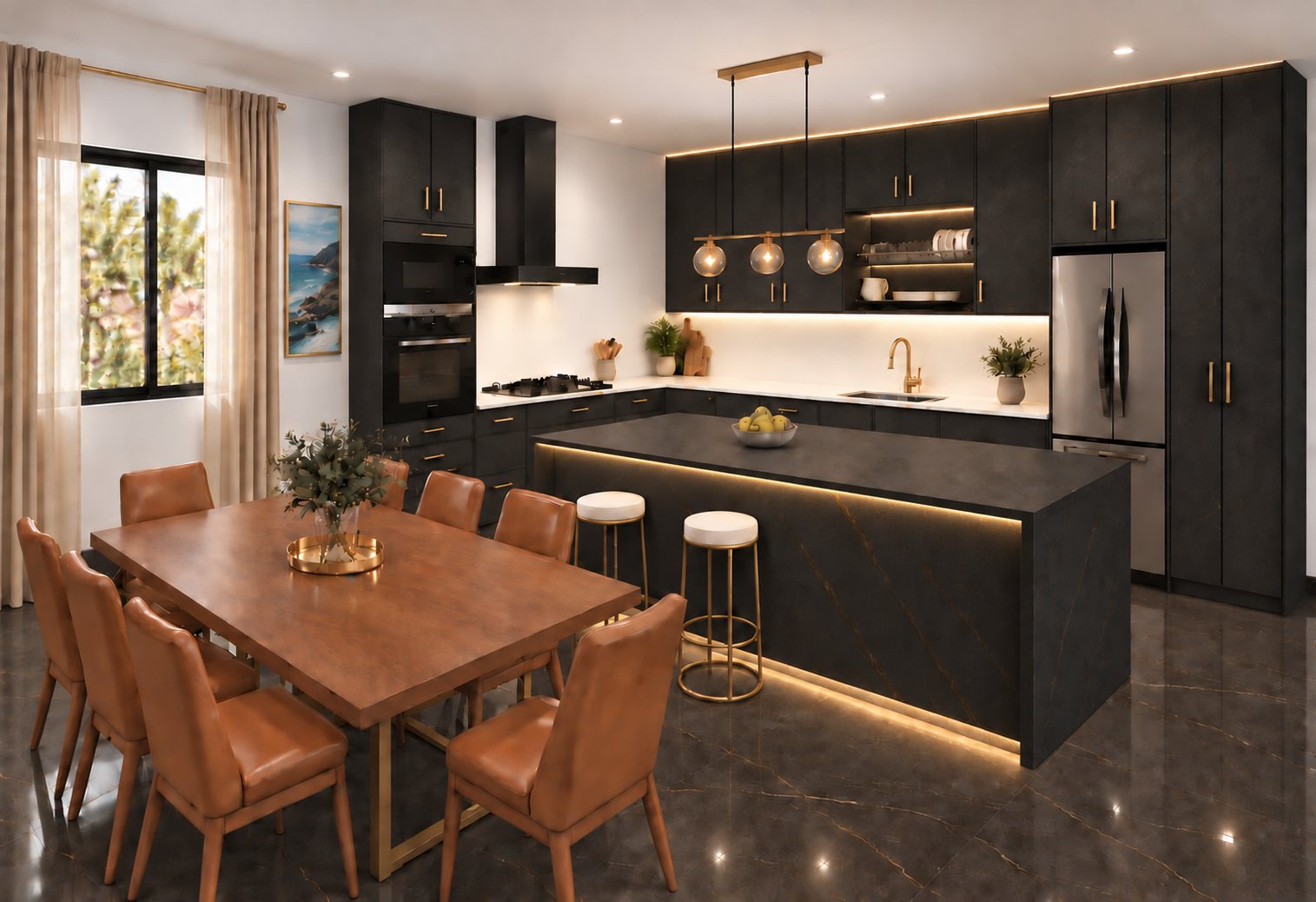 Cocina y comedor: Muebles negros, isla con luz perimetral y mesa de madera para ocho.