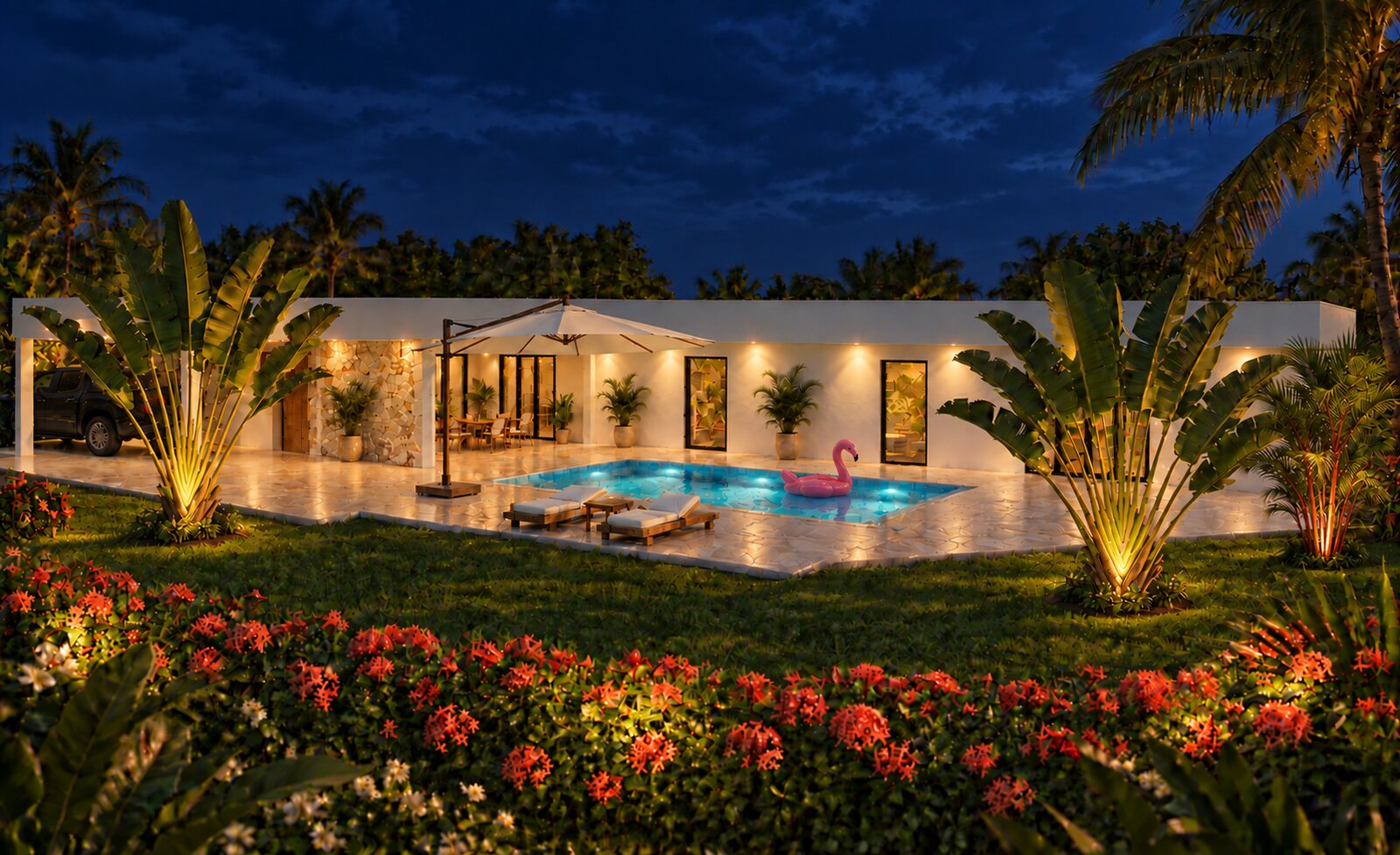 La villa de noche, iluminada
