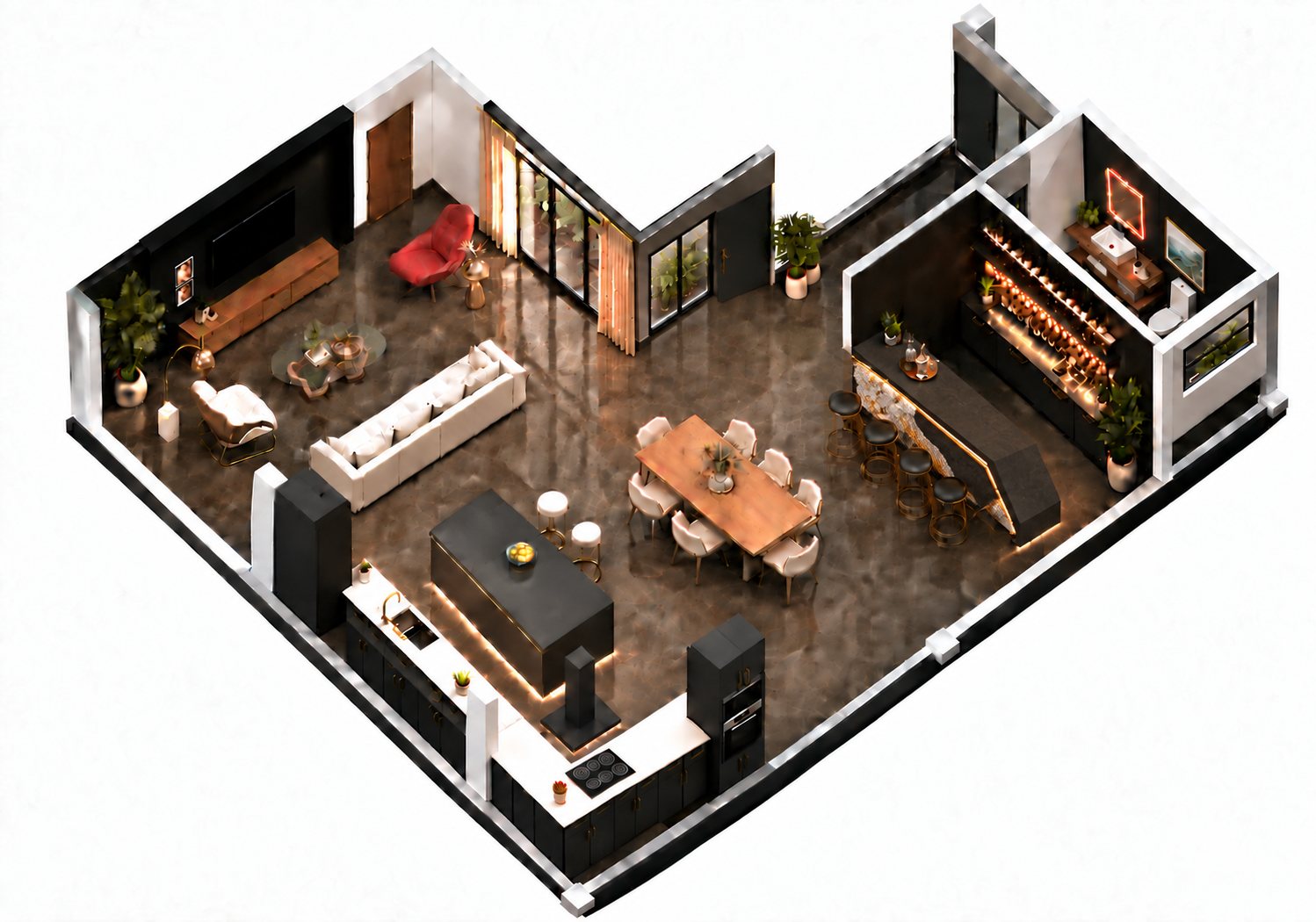 La zona de día desde arriba: Sala, comedor, cocina y bar en un solo espacio abierto.