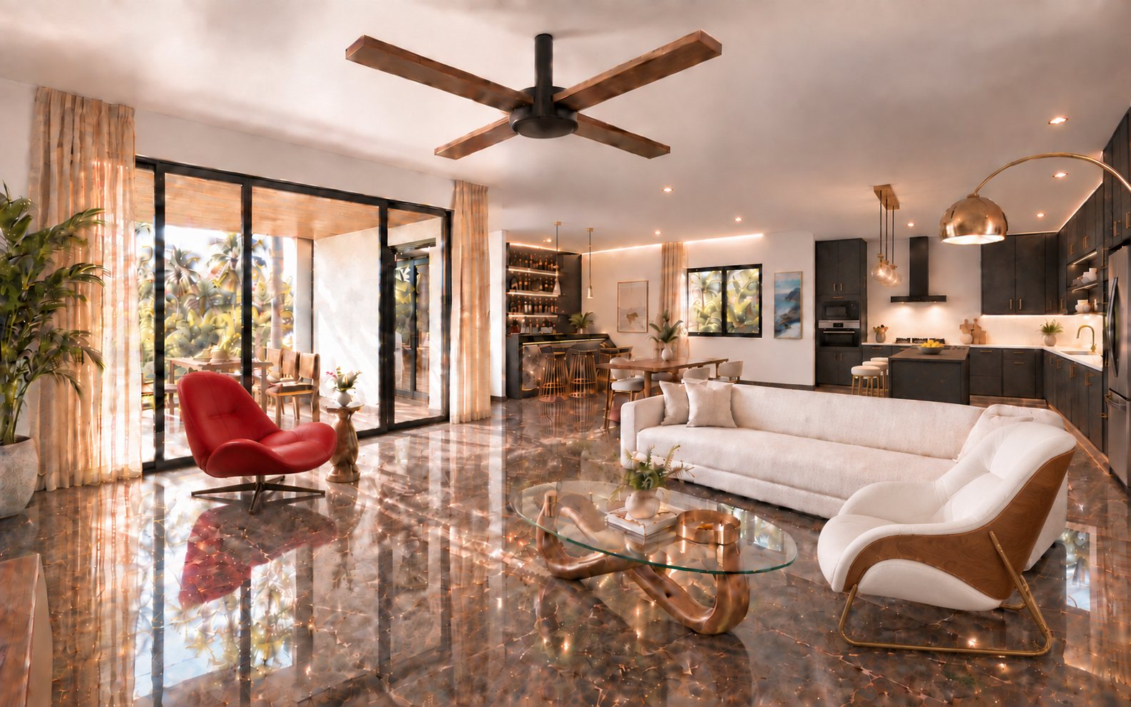 Sala y jardín: Ventanales de piso a techo que abren la sala al verde, con la cocina a la vista.