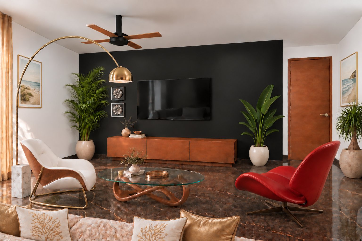 Sala: Pared de TV en negro mate, butacas de diseño y ventilador de techo.