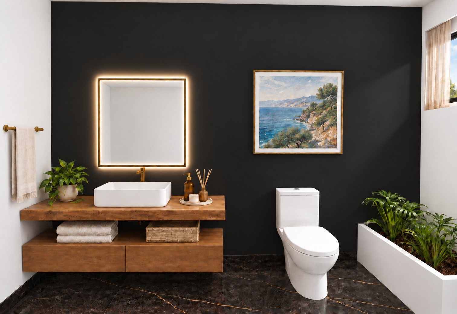 Baño de visitas: Pared negra, espejo retroiluminado y madera, junto a la entrada.