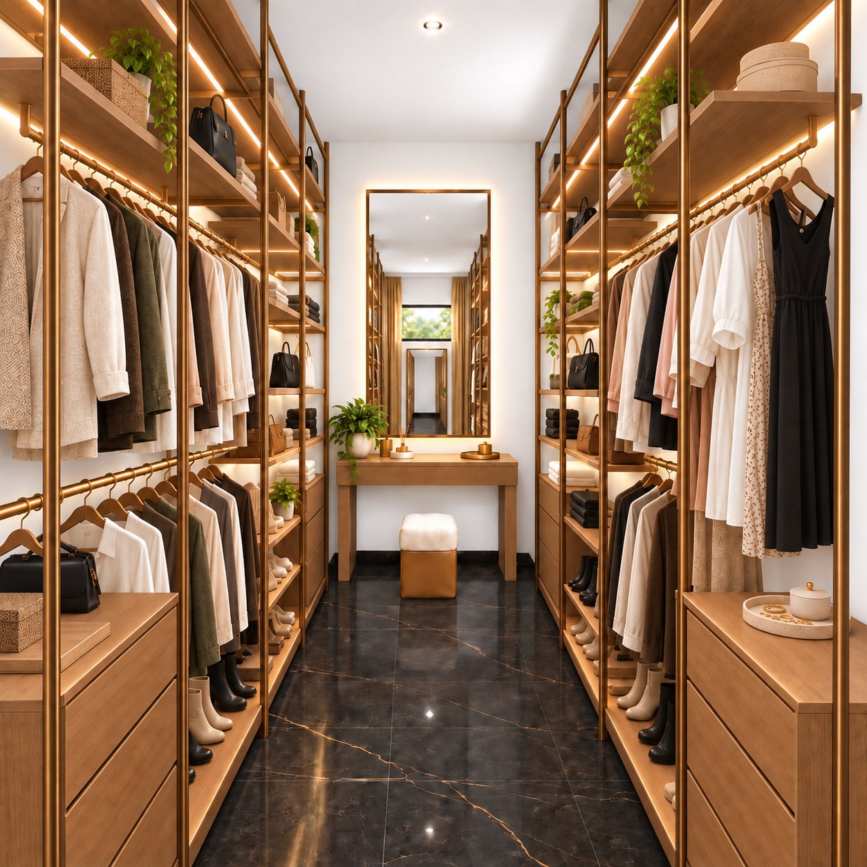 Vestidor con tocador: Espejo y tocador al fondo del vestidor.