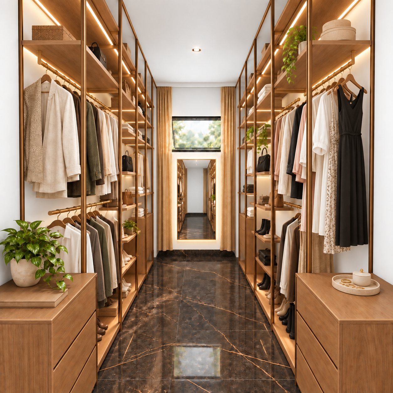 Vestidor: Madera natural con luz integrada en cada estante.